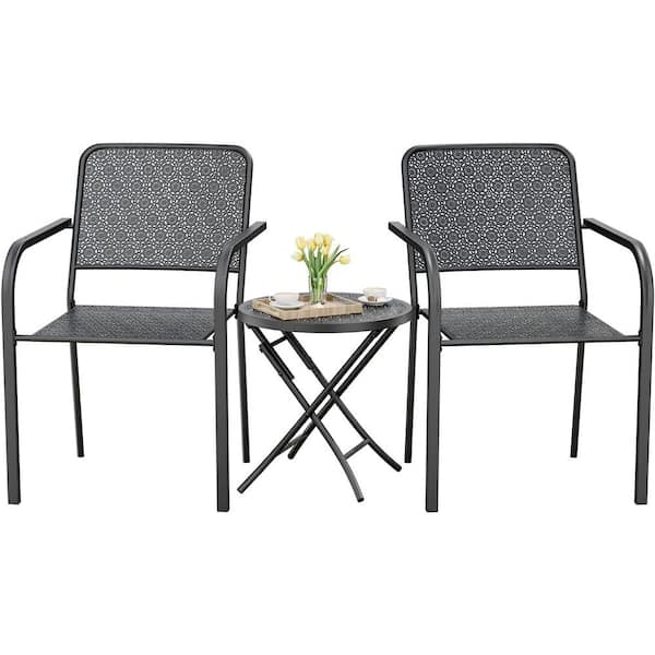 WIAWG 3 Piece Patio Bistro Set, Outdoor Metal Mesh Coffee Table Chairs Sets, Round Foldable Table & 2 Chairs for Porch, Garden