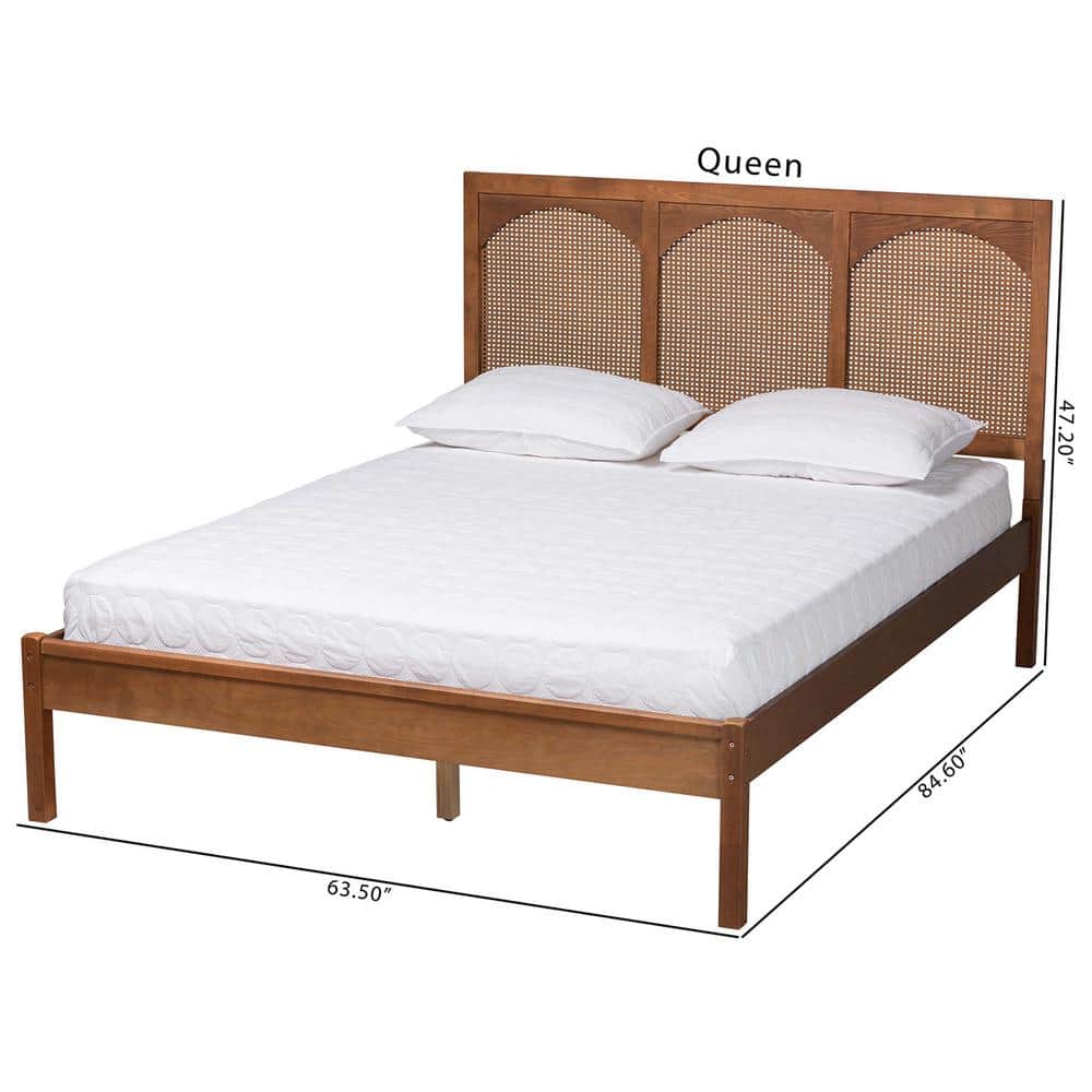 Queen Walnut Wood and Rattan Platform Bed with Headboard