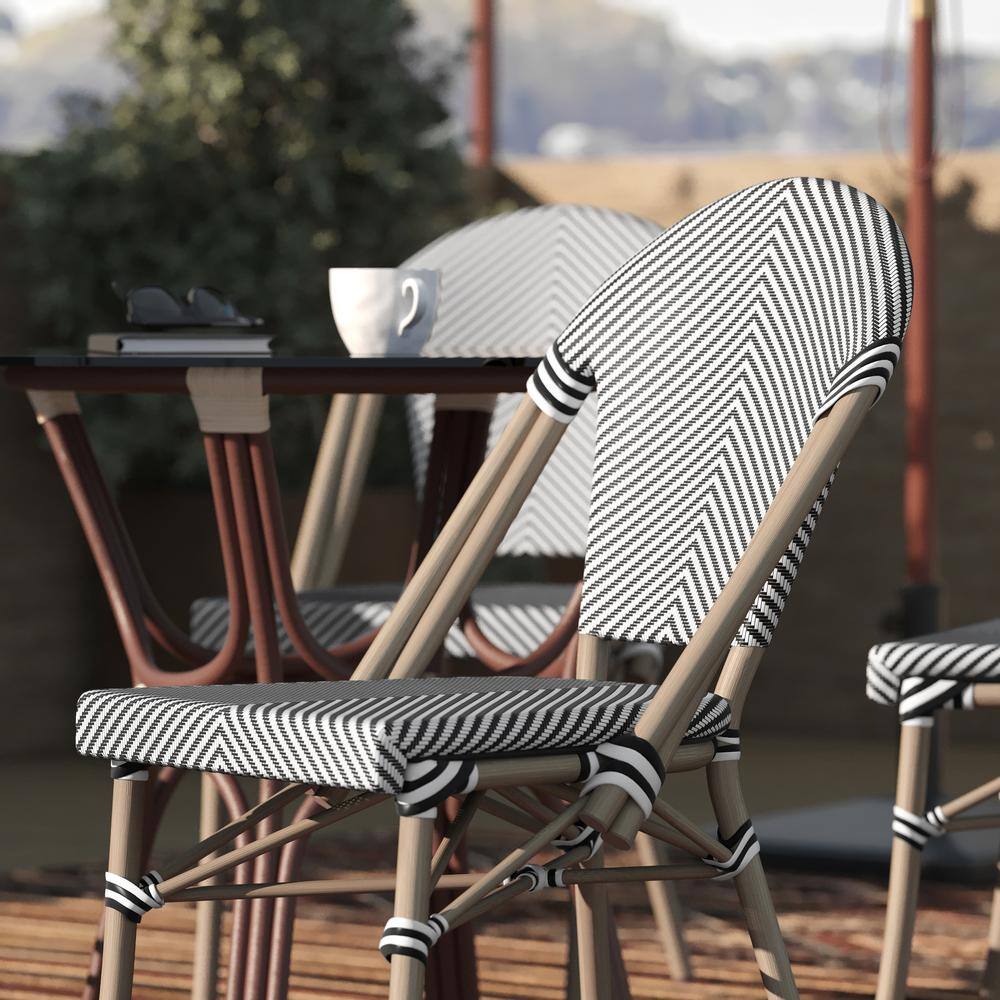 Black and White Armless French Bistro Stacking Chair with Metal Frame