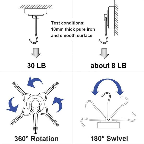 8-Pack Magnetic Hooks Heavy Duty – 39lbs Strong Swivel Hooks For Cruise Cabins, Garage Storage, Kitchen & Grill, 180° Rotating (4 Black + 4 Silver)