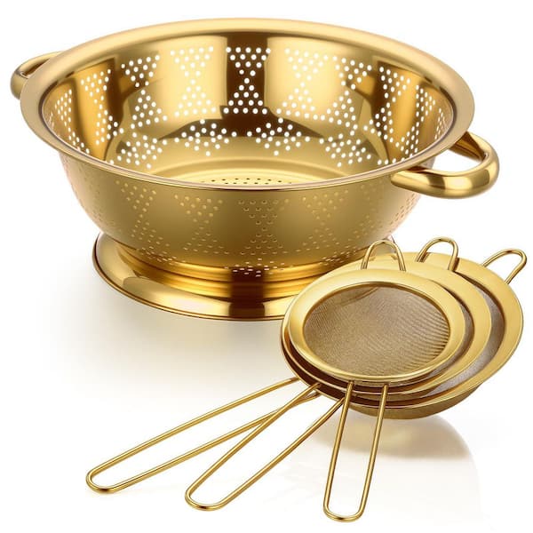 Gold Stainless Steel Colander and Fine Mesh Strainer Set of 4 with Handles, 3.7 qt. Colander, 3 Sizes for Kitchen Prep