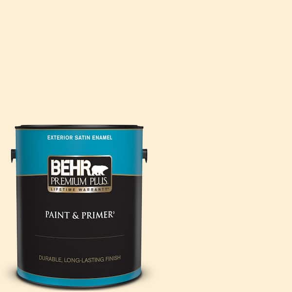BEHR PREMIUM PLUS 1 gal. #310A-1 Ivory Invitation Satin Enamel Exterior Paint & Primer