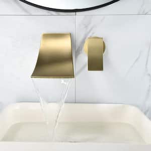 Single Handle Wall Mounted Faucet, Waterfall Wide Spout Bathroom Sink Faucet in Brushed Gold