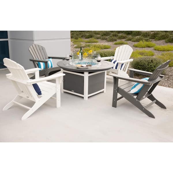 LuXeo 5-Piece Plastic Patio Conversation Set with 2 White/Gray Hampton Chairs, Vail 48 in. 2-Tone Gray Round Top Fire Pit