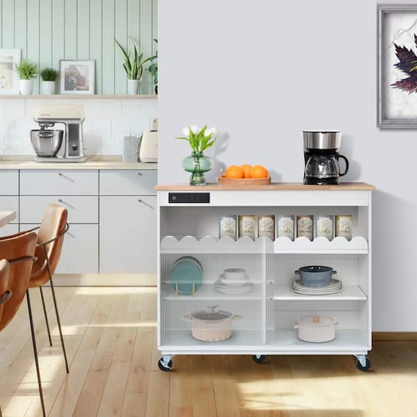Nestfair White Wood 44 in. Kitchen Island with 2 Sliding Fluted Glass Doors and LED Light