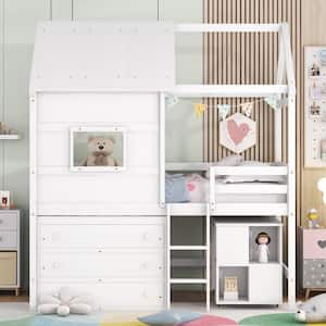 White Wood Frame Twin Size Low House Loft Bed with Movable Storage Desk and 3-Drawer Chest