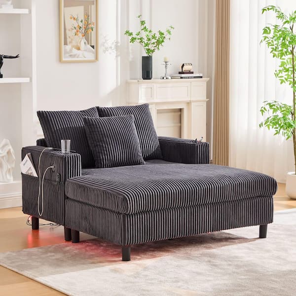 Ely Gray Chenille Upholstered Chaise Lounge Sofa with USB Charging, RGB Light Strip, Cup Holder, Side Pocket, Pillows