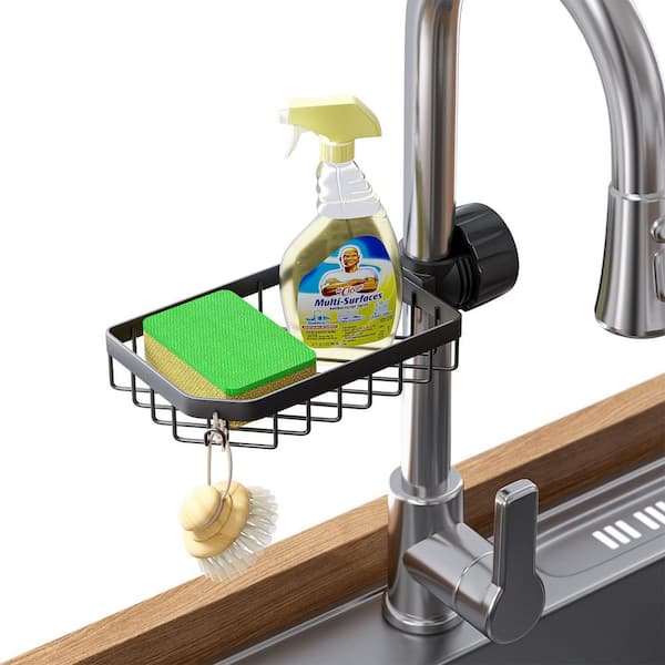Black Plastic and Stainless Steel Over Faucet Organizer with Adjustable, Space-Saving Design, Detachable Drain Rack