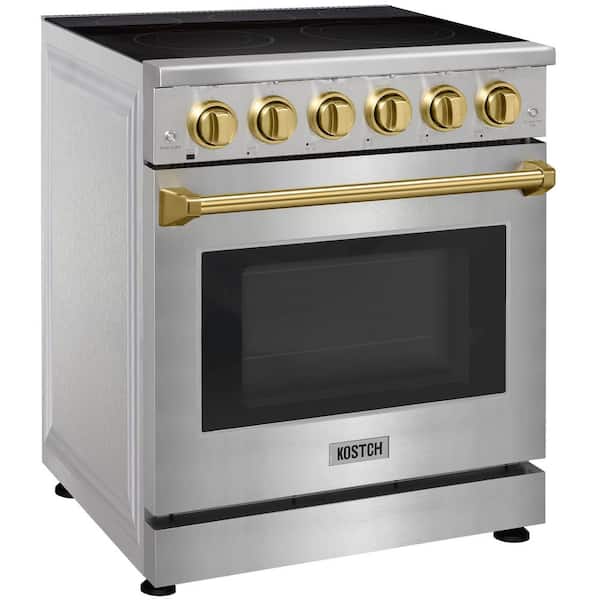 30 in. 5 Elements Freestanding Electric Range w/ 4.55 cu. ft. True Convection Oven in Stainless Steel w/ Bronze Handles