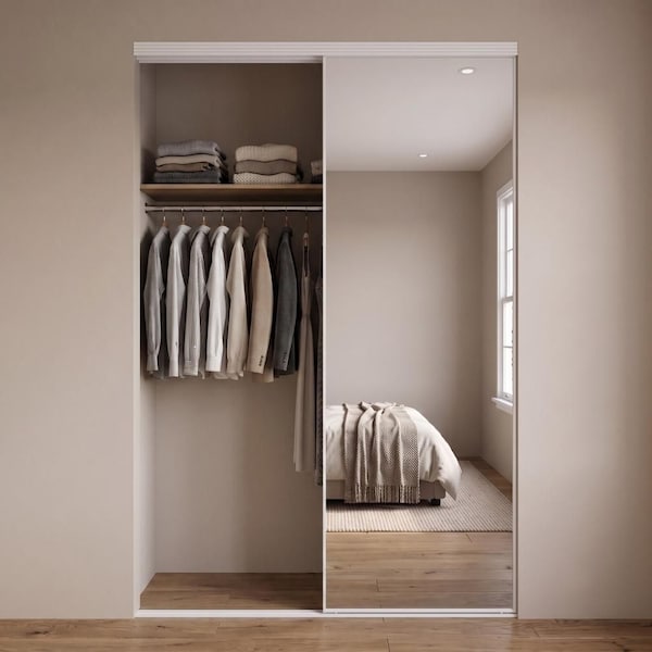 84 in. x 96 in. Aluminum Framed Mirror Interior Closet Sliding Door with White Trim