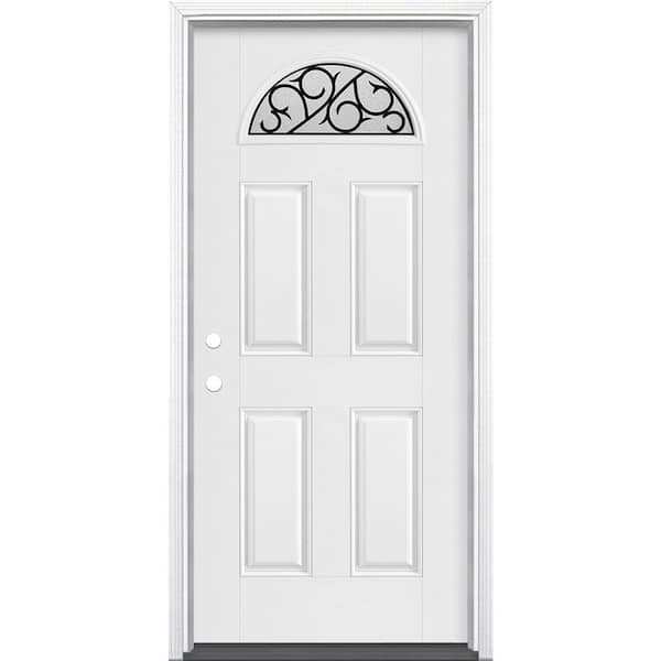 Masonite 36 in. x 80 in. Crescent Ivy Fan Lite Right-Hand Inswing Primed Smooth Fiberglass Prehung Front Door with Brickmold