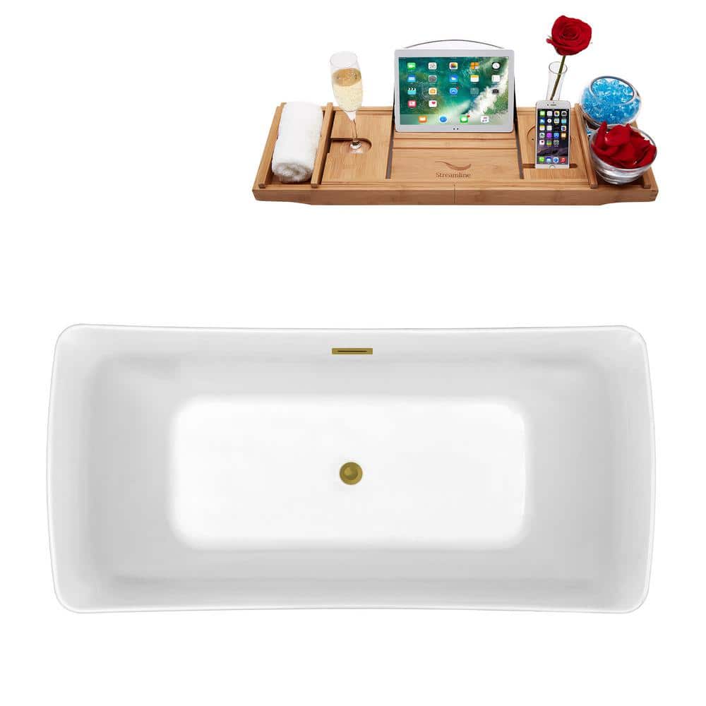 62" Glossy White Acrylic Freestanding Soaking Bathtub with Brushed Gold Hardware