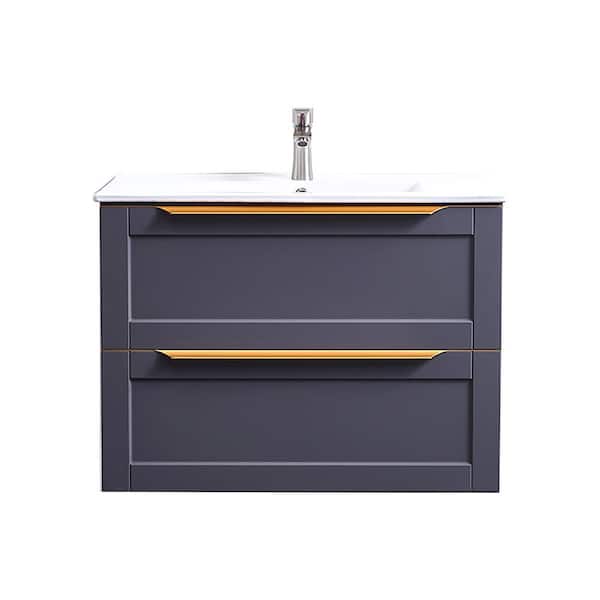 VC CUCINE 30 in. W x 18 in. D x 24 in. H Floating Bathroom Vanity in Dark Gray with Ceramic Sink in White