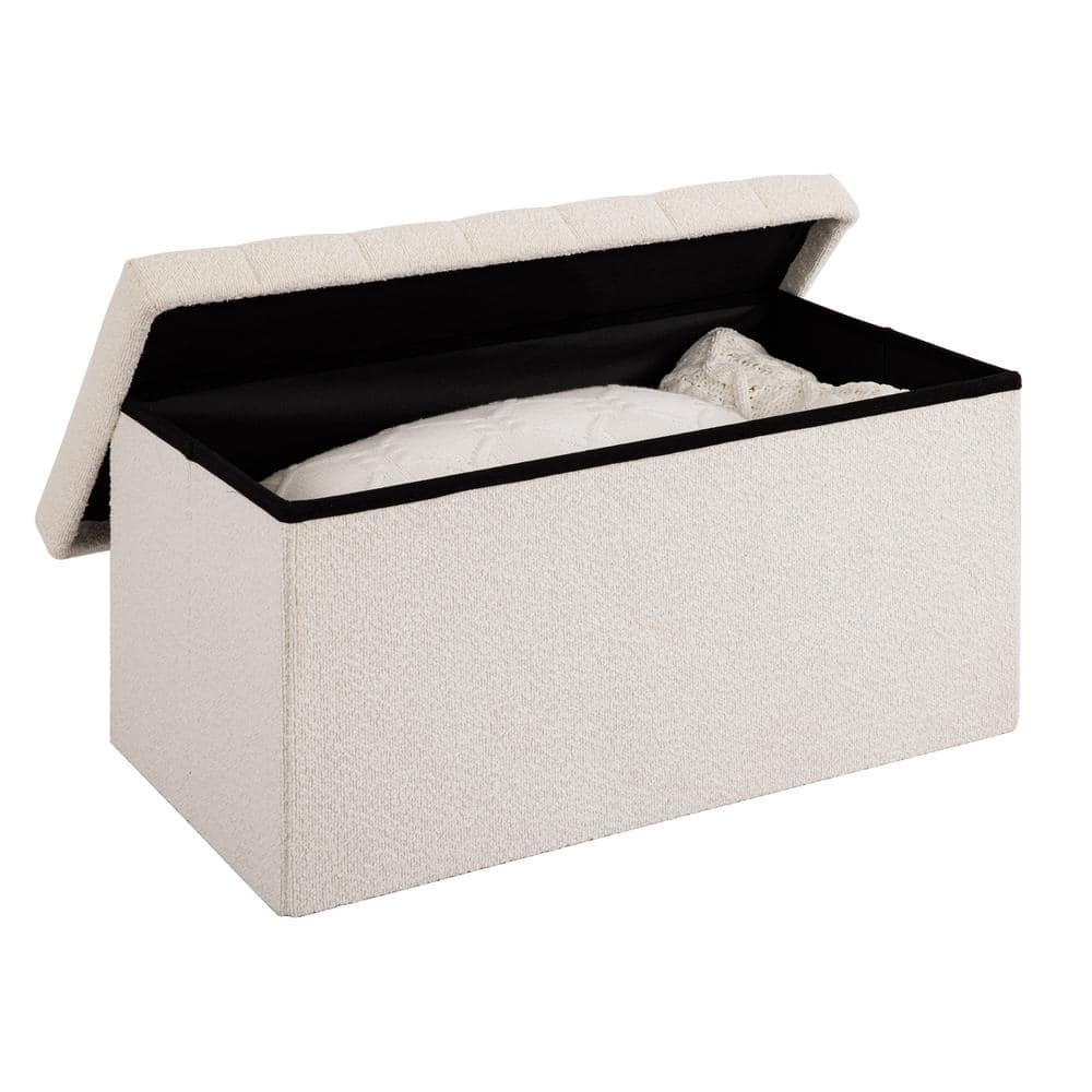 30" White Boucle Upholstered Storage Ottoman Bench