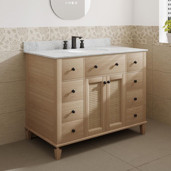 MEDUNJESS VLeaf 42 in. W x 22 in. D x 34.5 in. H Single Sink Bath Vanity Cabinet in Weather Fir with Carrara Marble Top
