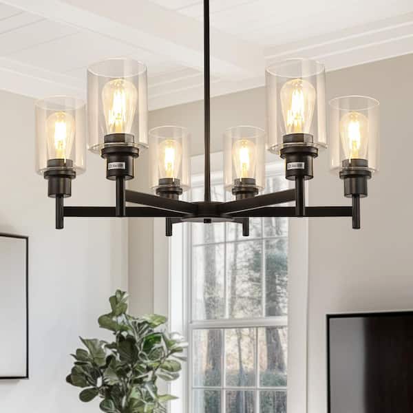 6-Light Black Farmhouse Chandelier with Adjustable Height,Industrial Clear Glass Pendant Light for Dining Room