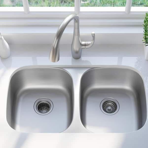 Kraus Premier Undermount 32-in x 19-in Stainless Steel Nickel Double Equal  Bowl Kitchen Sink in the Kitchen Sinks department at