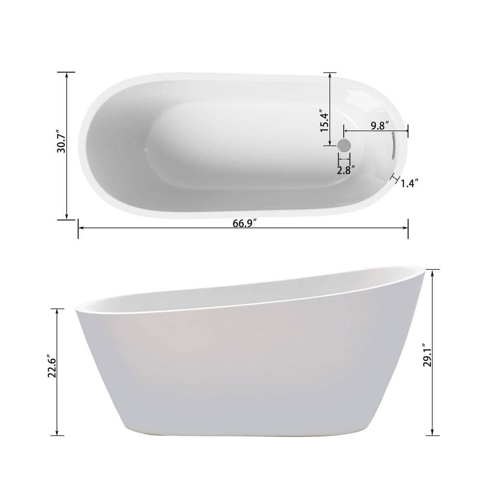 67-Inch Gloss White Acrylic Freestanding Soaking Bathtub