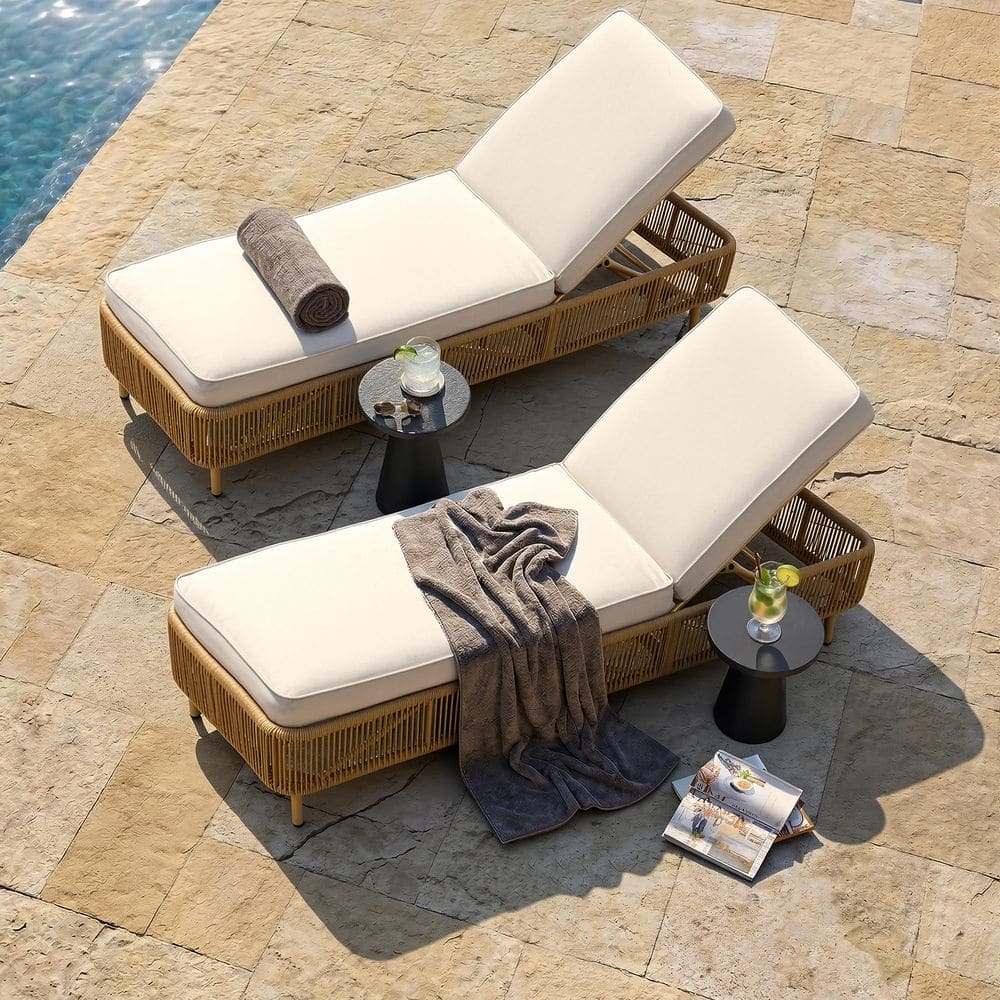 2-Piece Light Brown Wicker Outdoor Chaise Lounge with Beige Cushions and 5 Ajustable Back Rest for Patio, Pool, Deck