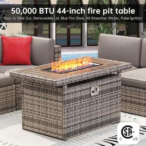 6-Piece Wicker Patio Conversation Set with Fire Pit Table, Gray Cushion