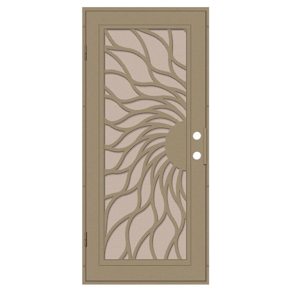 Unique Home Designs Sunfire 32 in. x 80 in. Right Hand/Outswing Desert Sand Aluminum Security Door with Desert Sand Perforated Metal Screen