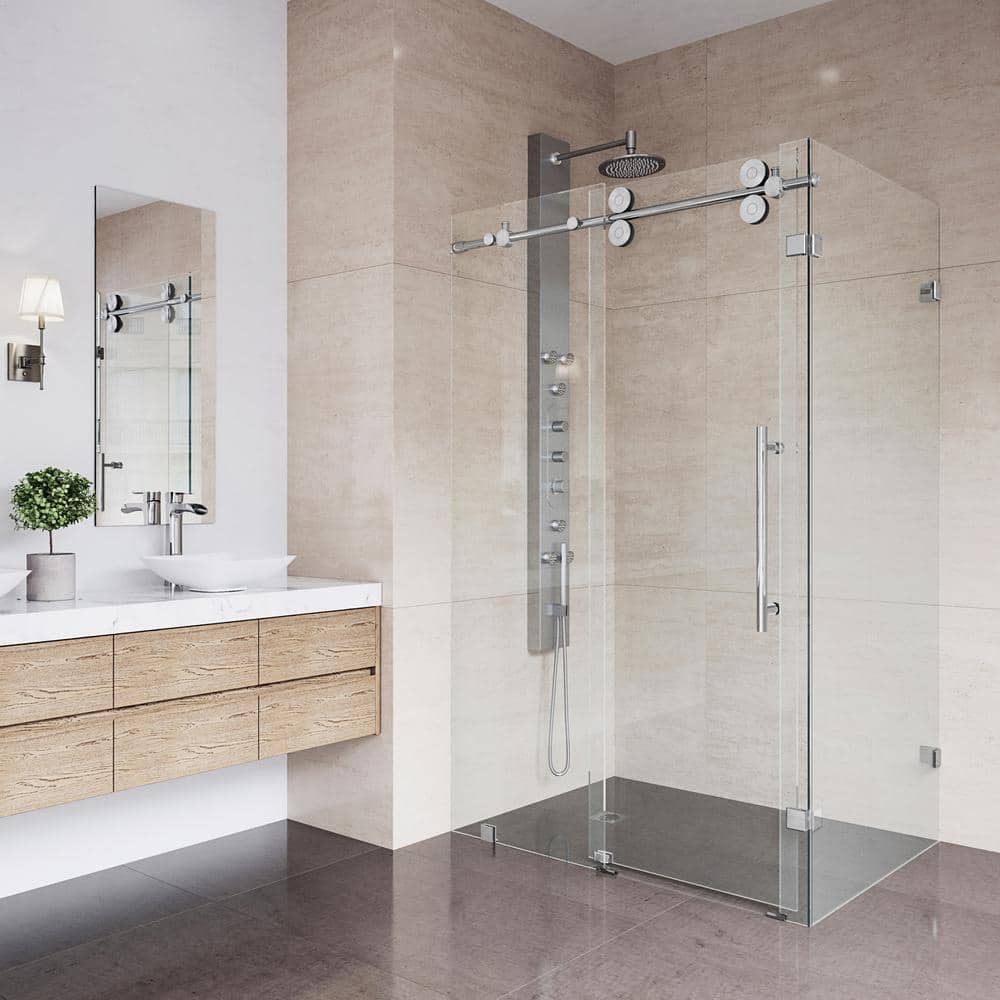 Winslow 58" Frameless Sliding Shower Enclosure with Clear Glass and Black Hardware