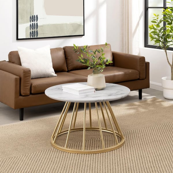 Walker Edison Furniture Company 30 in. White Marble/Gold Modern Round Wood-Top Coffee Table with Metal Cage Base