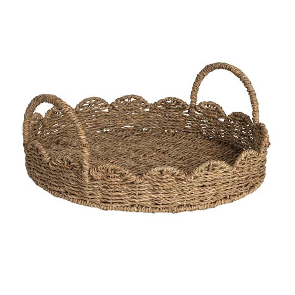 HOUSEHOLD ESSENTIALS Natural Round Handwoven Seagrass Decorative Tray with Scalloped Edge and Handles