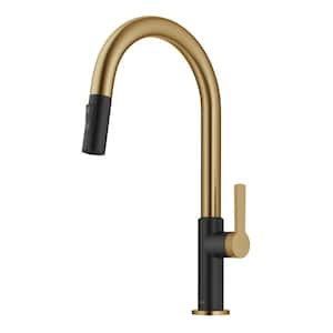 Oletto Single Handle Pull-Down Kitchen Faucet in Brushed Brass/Matte Black