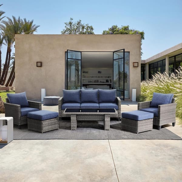 Freestyle OC Orange-Casual 6-Piece Wicker Outdoor Conversation Set with Navy Blue Cushions, Ottoman