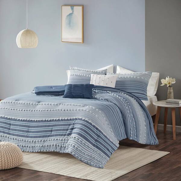 Intelligent Design Charlie 5-Piece Navy Stripes and Plaids Cotton Jacquard Full/Queen Comforter Set
