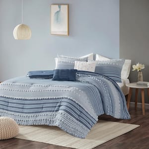 Charlie 5-Piece Navy Stripes and Plaids Cotton Jacquard Full/Queen Comforter Set