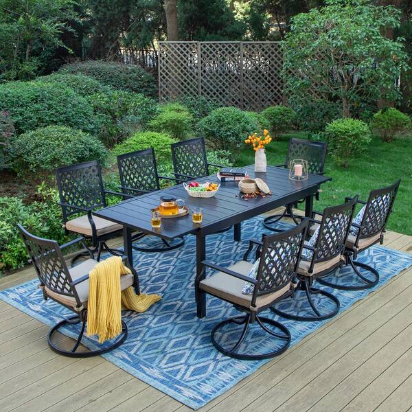 PHI VILLA 9-Piece Metal Patio Outdoor Dining Set with Extensible Table ...