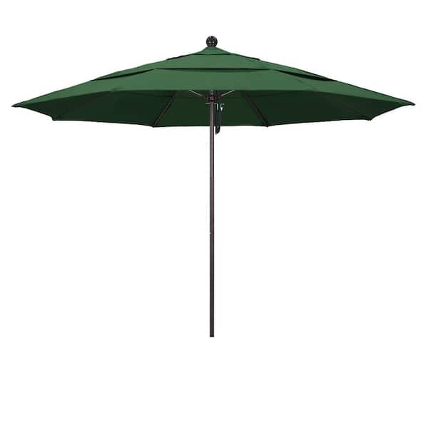 California Umbrella 11 ft. Bronze Aluminum Commercial Market Patio Umbrella with Fiberglass Ribs and Pulley Lift in Hunter Green Olefin