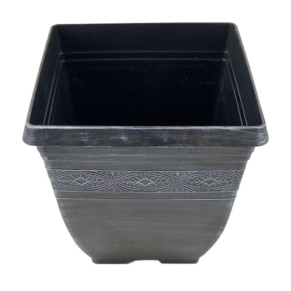 Pure Beauty Farms 10 in. Marietta Floral Design Black White Wash Square Resin Pot