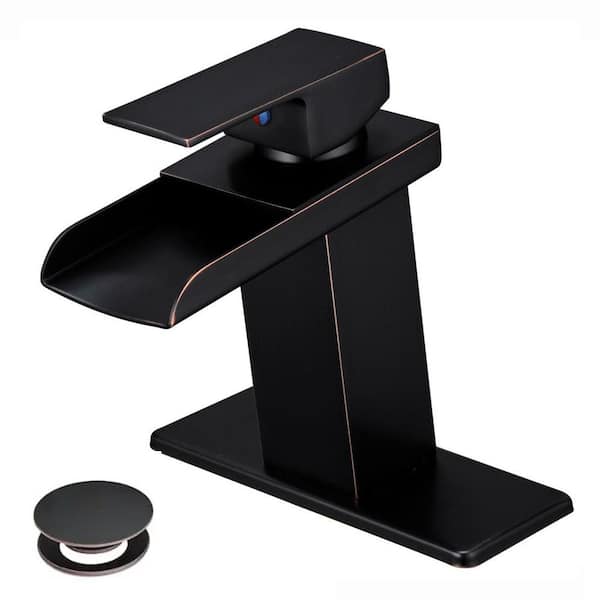 Single-Handle Waterfall Spout Single-Hole Bathroom Sink Faucet with Drain and Deckplate Included in Oil Rubbed Bronze