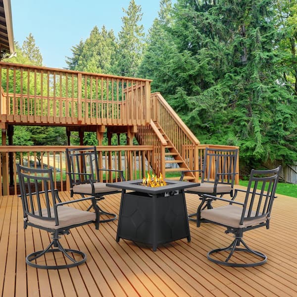 PHI VILLA 5-Piece Stripe Metal Swivel Chairs Patio Fire Pit Conversation Set with Beige Cushions
