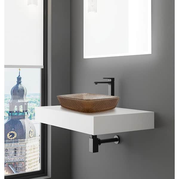 30 in. Wall Mounted Bathroom Countertop Shelf in White Solid Surface with Brown Square Glass Vessel Sink