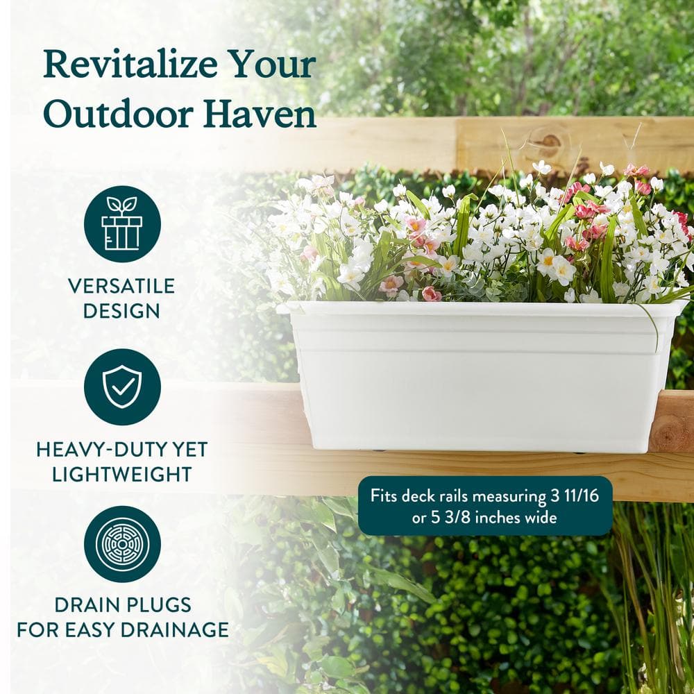 Modern White 24" Heavy-Duty Deck Rail Planter Box, 5-Pack