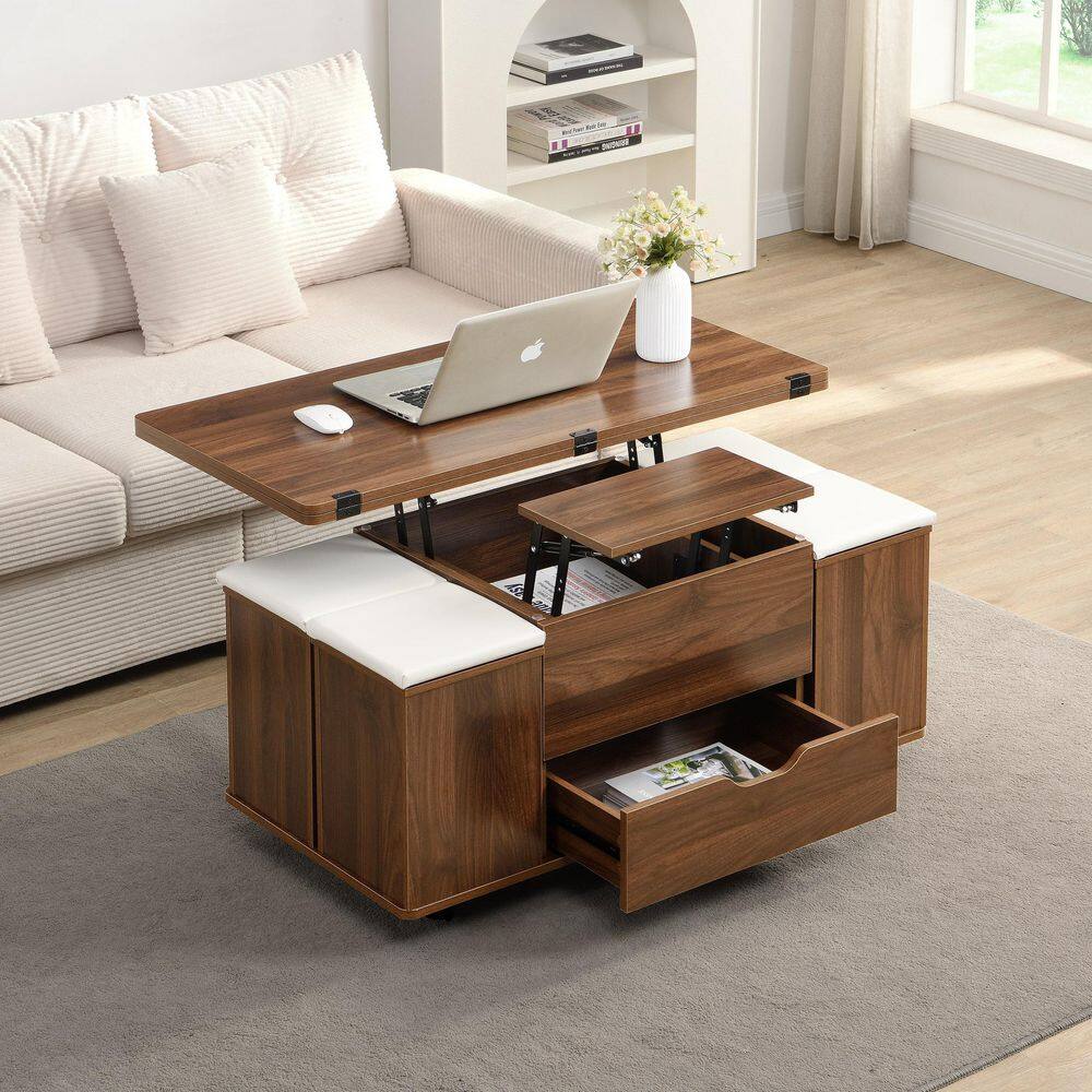 Chance Multi-Functional 39.4 in. Walnut Rectangle MDF Lift-Top Coffee Table with 4 Cushioned Stools, Storage, Casters