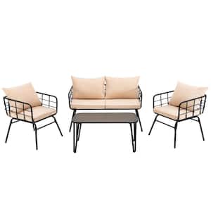 4-Piece Steel Patio Conversation Set Loveseat Armrest Table for Garden with Beige Cushions