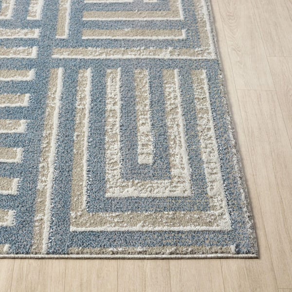 Elovia Modern Geometric Beige/Blue 2 ft. x 3 ft. Performance Washable Indoor Area Rug