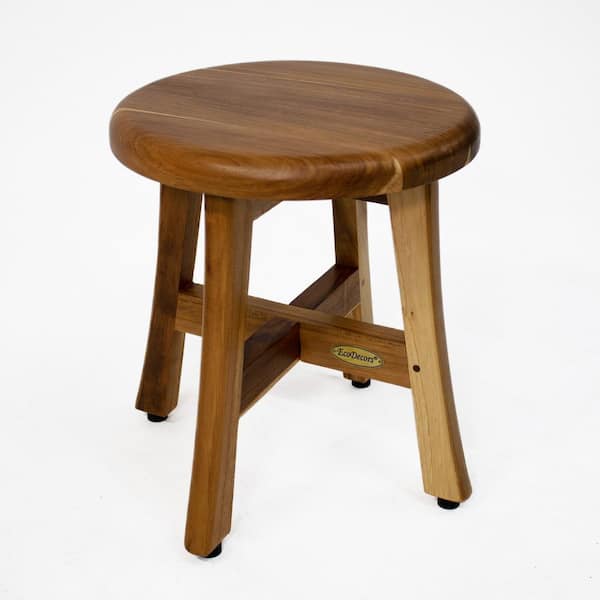 Shoji 13.5" Teak Wood Round Compact Shaving Shower Foot Stool - 11.5"D x 13.5"H x 9.5"L