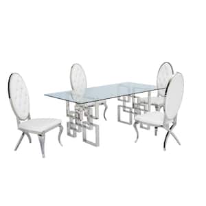 Dominga 5-Piece Glass Top with Stainless Steel Set with 4 White Faux Leather Chairs.