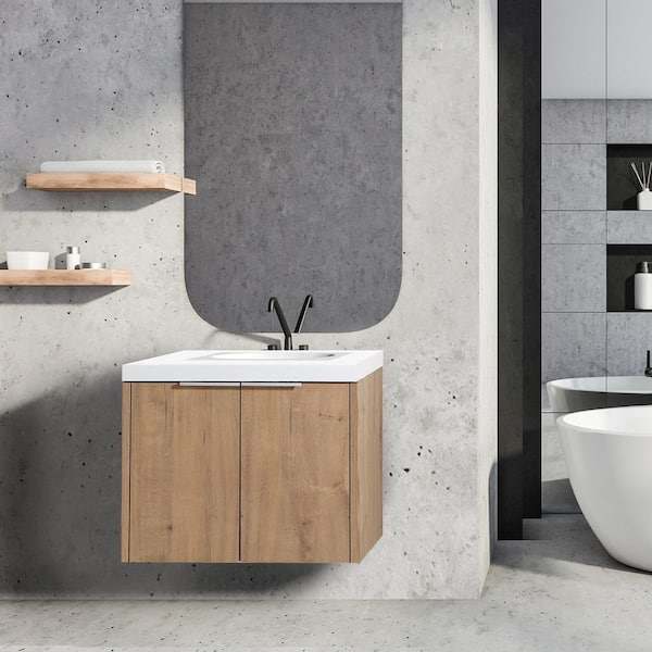Getpro 30 in. Float Mounting Bathroom Vanity in Imitative Oak with Sink and 2-Soft-Closing Doors