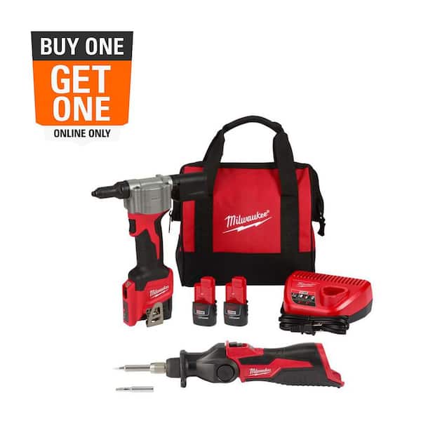 M12 12-Volt Lithium-Ion Cordless Rivet Tool Kit with (2) 1. 5Ah Batteries, Charger & M12 Soldering Iron