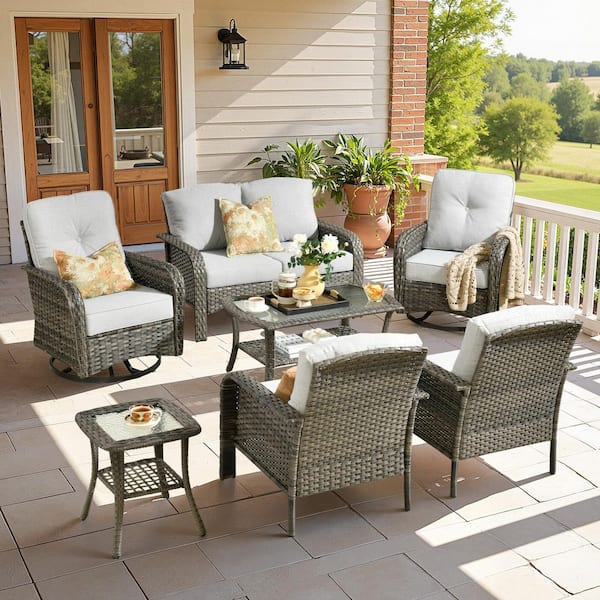 Hot Sale Serava Gray 7-Piece Wicker Outdoor Sectional Sofa Set with Swivel Chairs and Gray Cushions for Deck, Patio