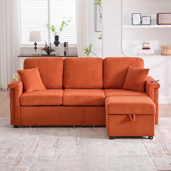 Elena 76.38 in. Corduroy L-Shaped Sectional Sofa in. Orange with Pull-Out Storage, Ottoman, USB Charging, Cup Holder