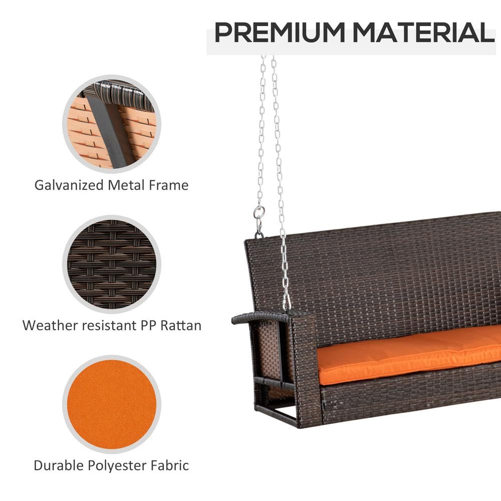 Mix Brown Wicker 2-Person Hanging Porch Swing with Orange Cushions