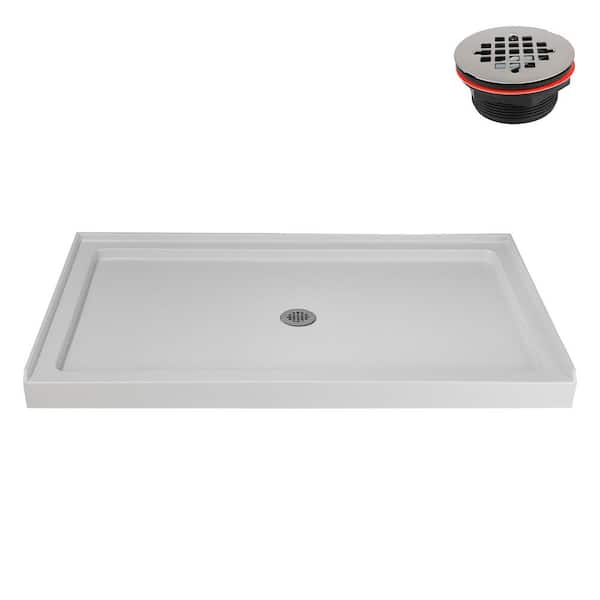 60 in. x 36 in. Alcove Acrylic Shower Pan Base in Matte White with Center Drain, Drain Included